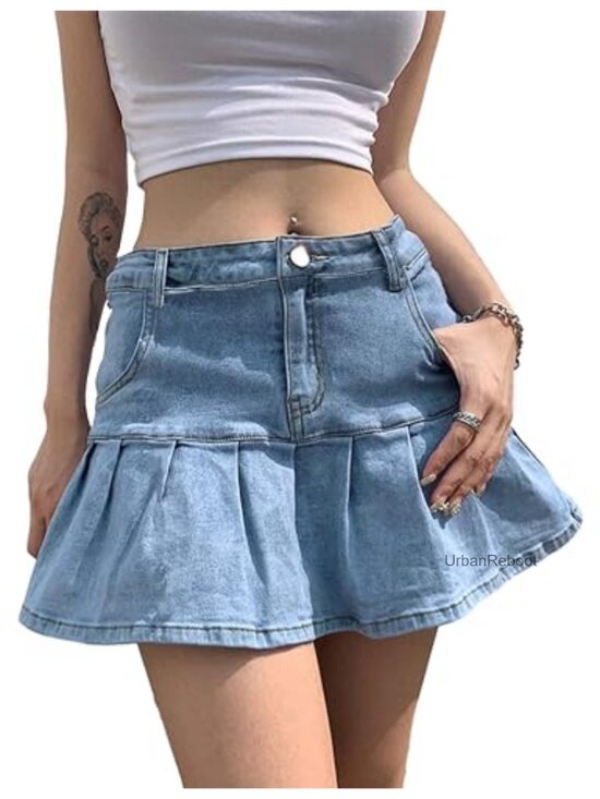 Dresses & Skirts - Women's Pleated Jean Skirt A-Line Ruffle Y2K Mini Denim Skort with Built-In